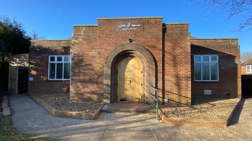 The brick frontage and main entrance of Masjid Ar-Rahman